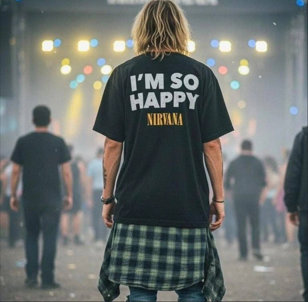 NIRVANA "I'm So Happy" Graphic T Shirt Size L New Band Tee Oversized Grunge Rock
