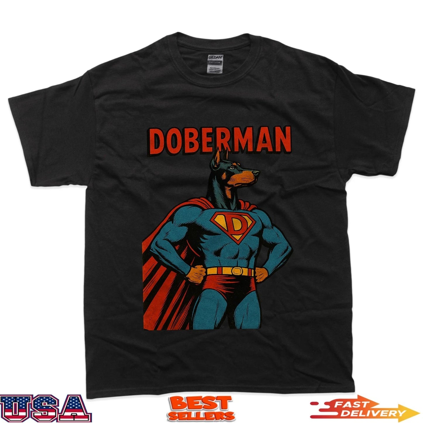 Doberman Superhero Dog – Comic Style Vintage Graphic T-Shirt