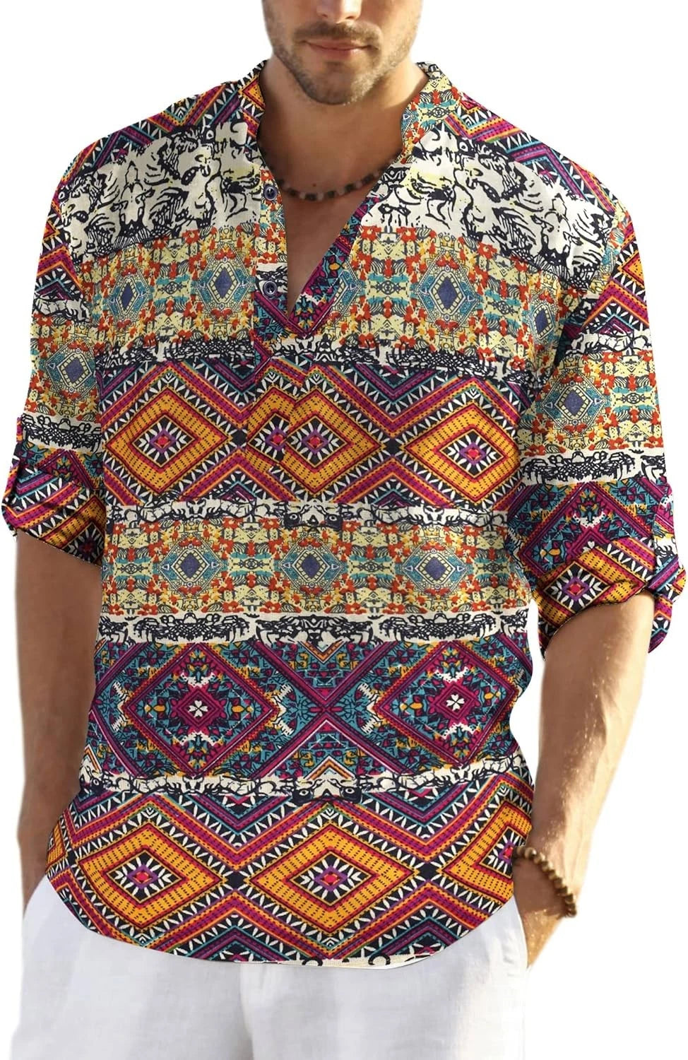 Coofandy T Shirt Casual Floral Mens Henley TShirt Long Sleeve Hippie Beach