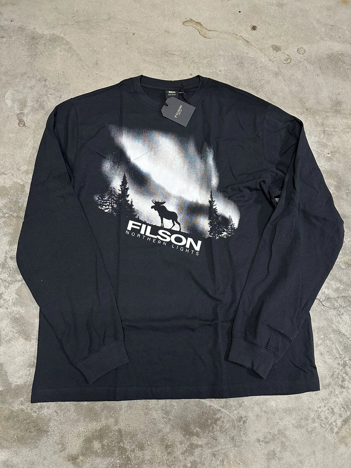 NWT Filson Northern Lights Long Sleeve Moose T Shirt Black Made in USA Outdoors
