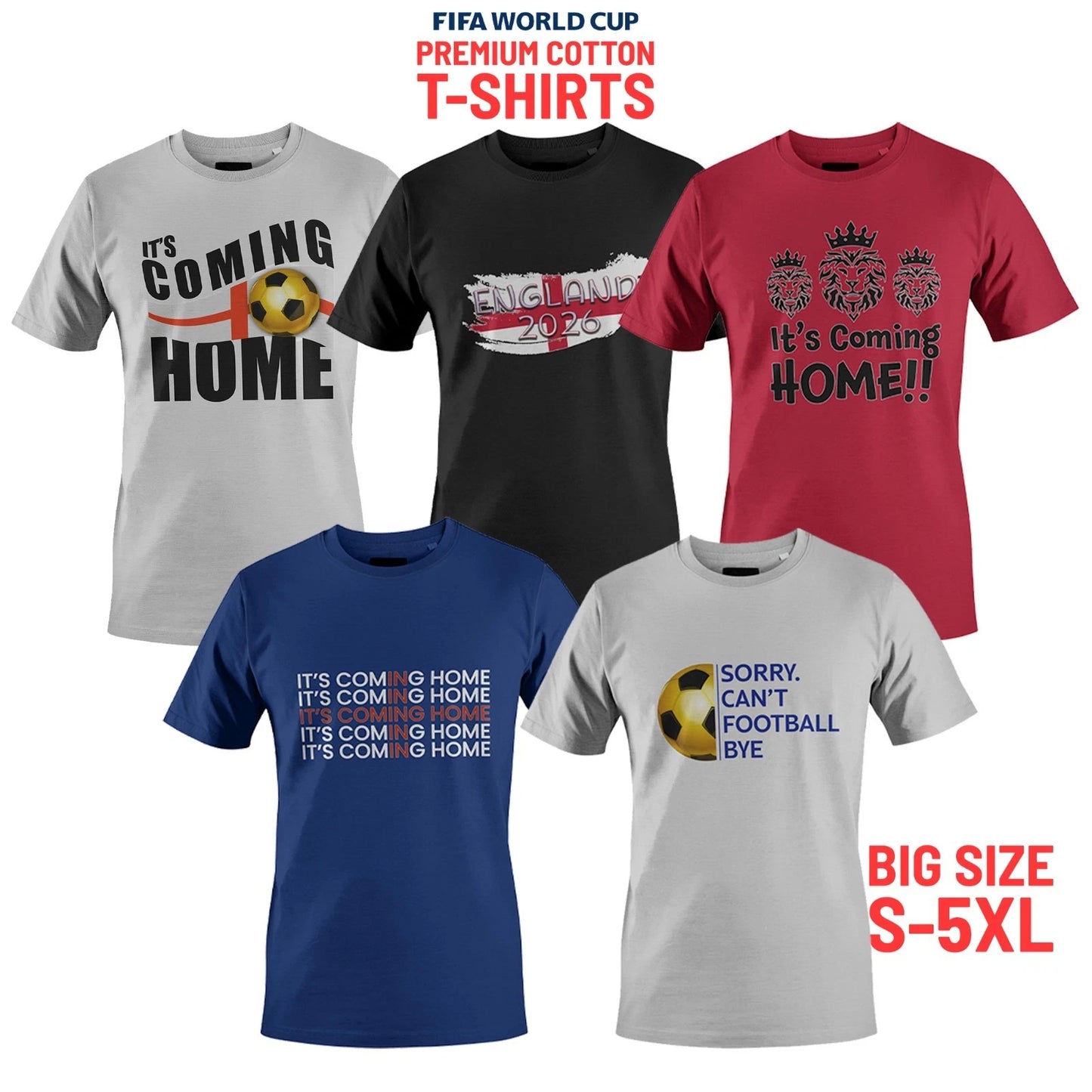 England Football T-Shirts World Cup 2026 100% Cotton Tees Big Size S-5XL Unisex