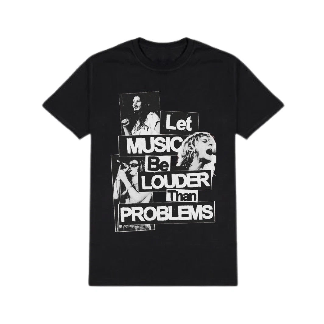 Let Music Be Louder Than Problems Black Graphic Regular Fit Unisex T Shirt