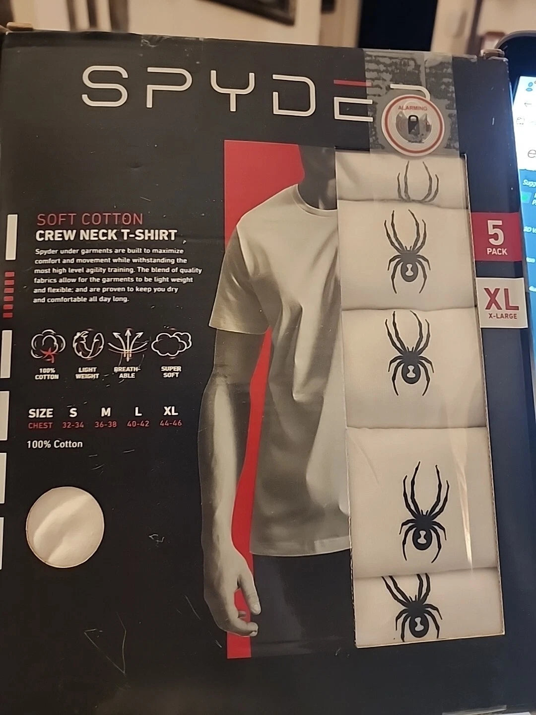 SPYDER Men's 5-Pack 100% Soft Cotton Crew Neck White T-Shirts NWT $90 NIB