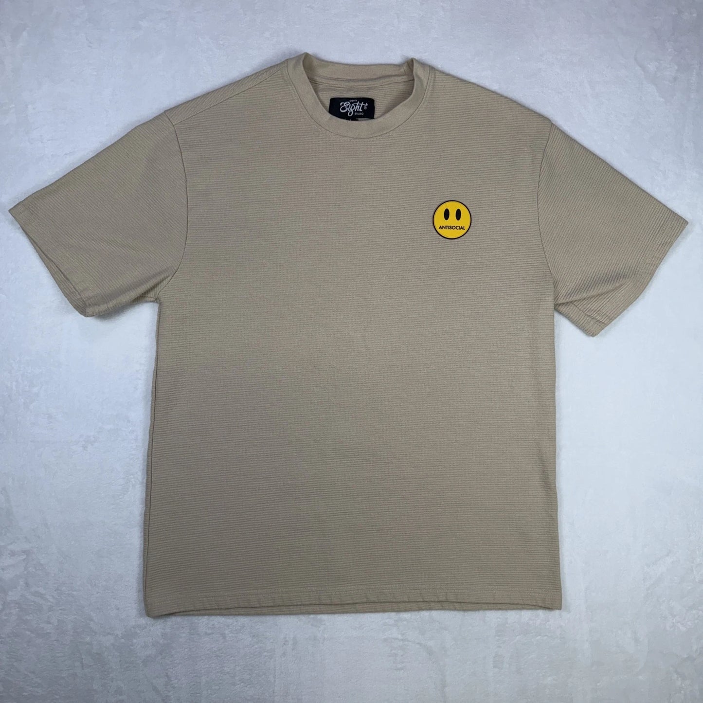 Eighty Eight Brand Men's Ribbed T-Shirt Size Large Beige Antisocial Smiley Patch