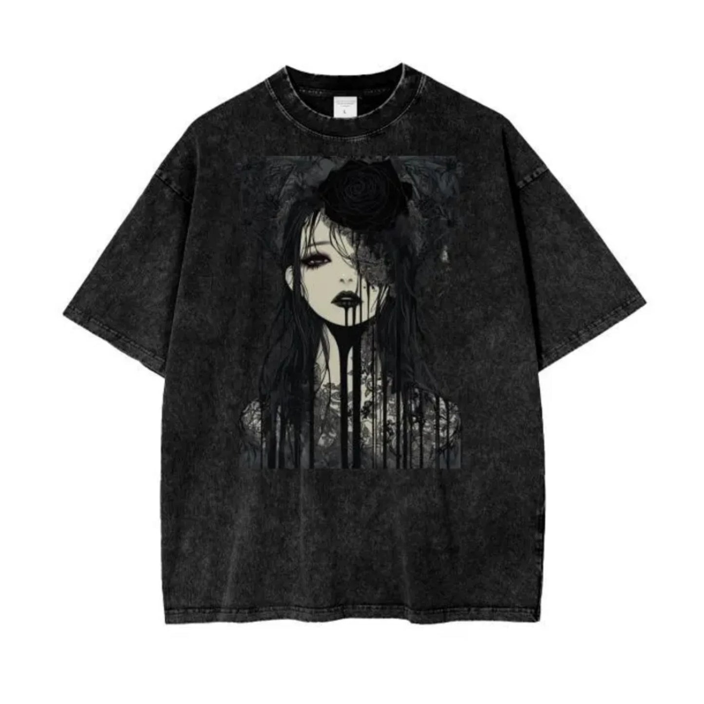 Dark Gothic Anime AcidWash Tee Rose Drip Graphic Oversized Unisex TShirt-