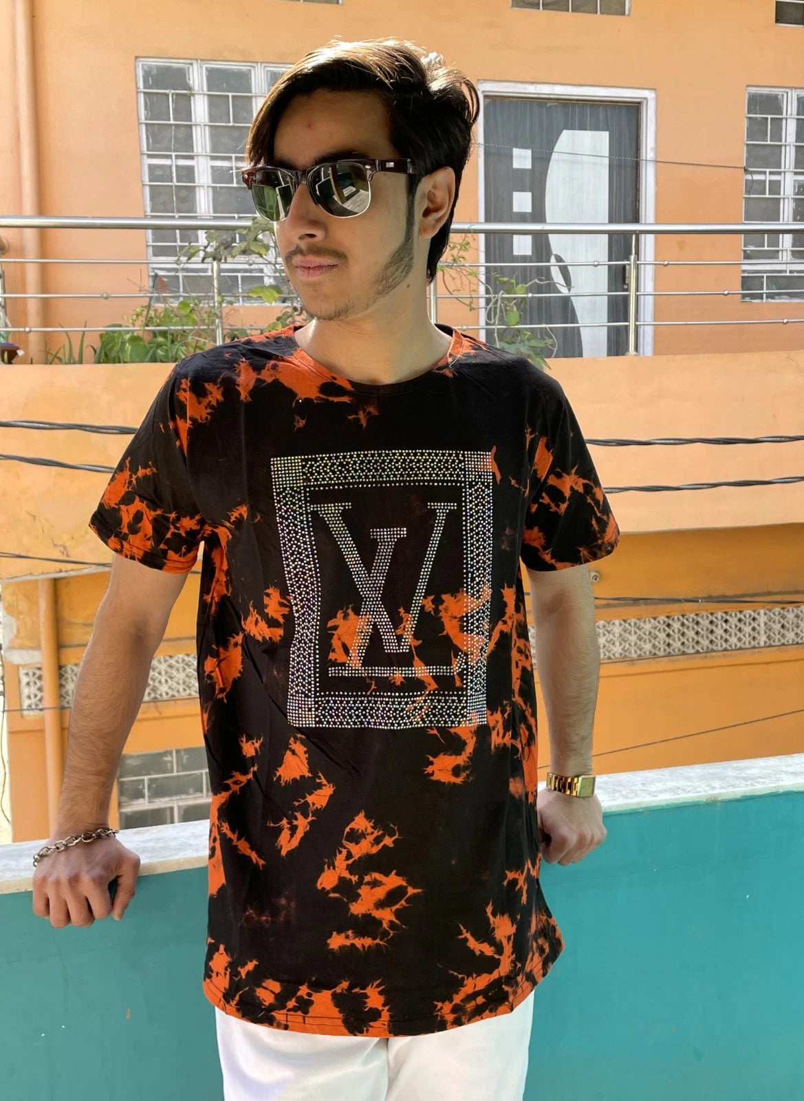 Tie Dye Black And Orange Stylish Stone Work Handmade T-shirt