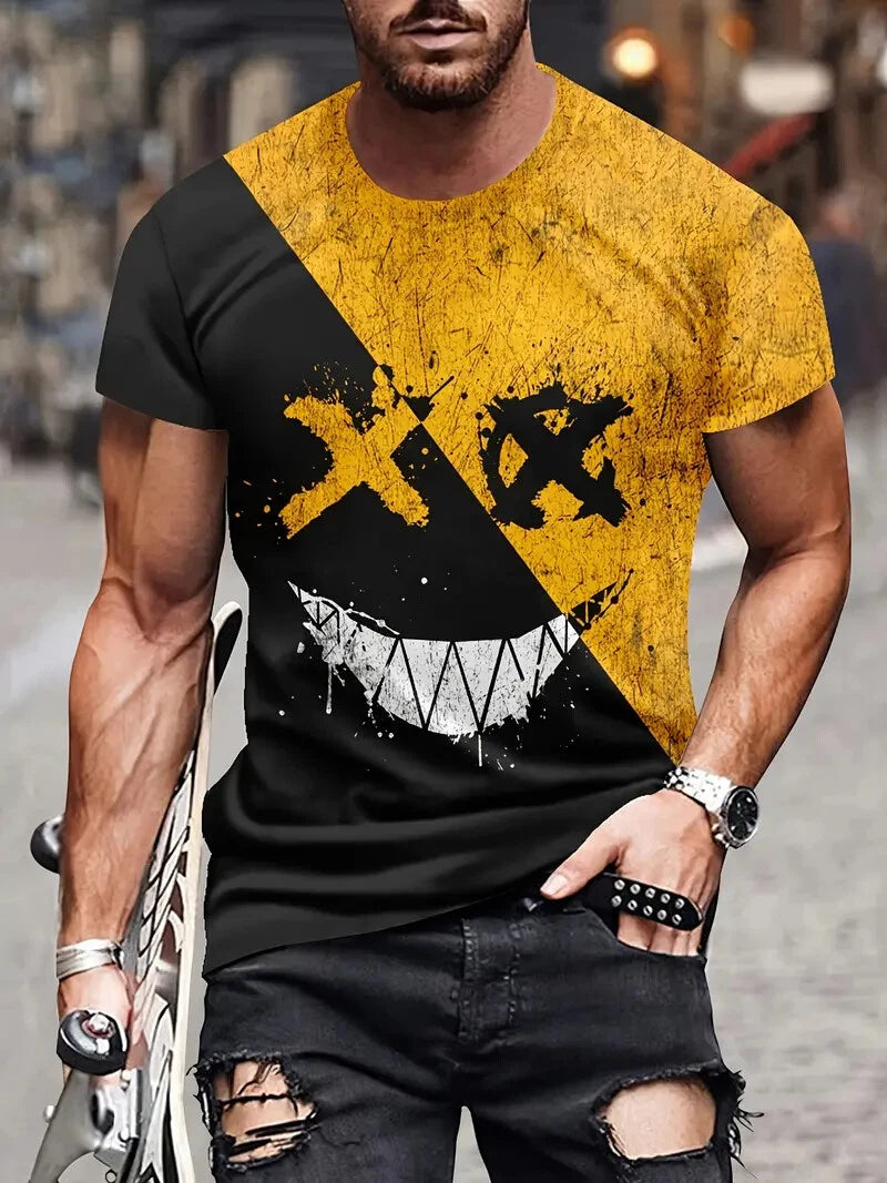 3D Smiling Face Print Men's Trendy Color Block Short Sleeve Crew Neck T-shirt