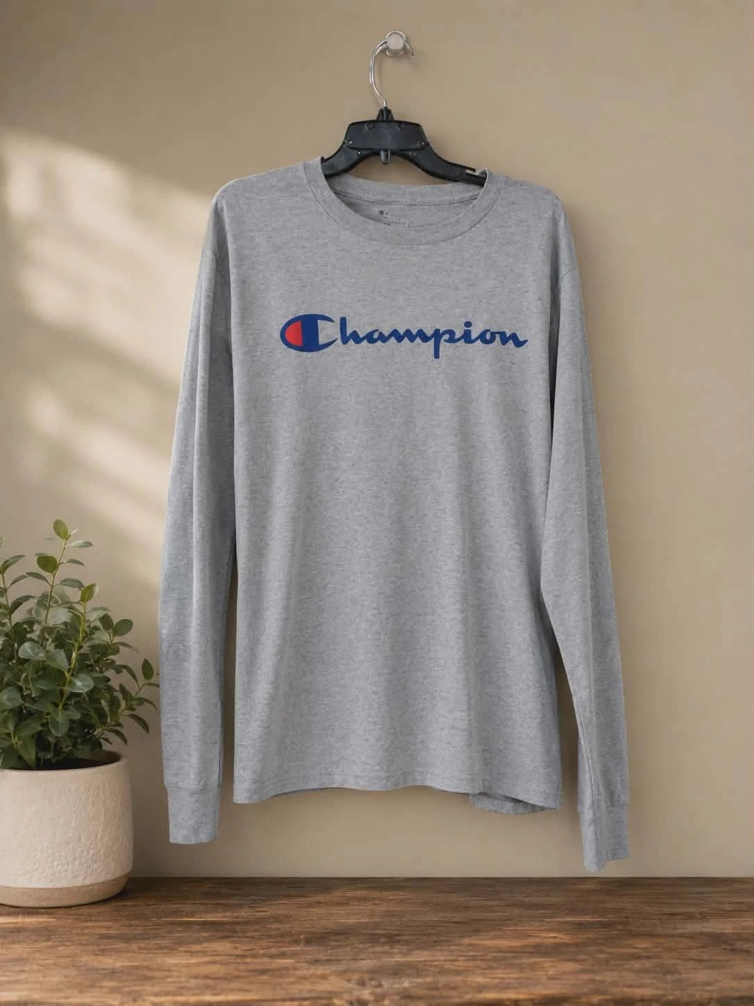 Champion Long Sleeve T-Shirt Gray Script Logo Adult Large 21x27 Athletic Tee