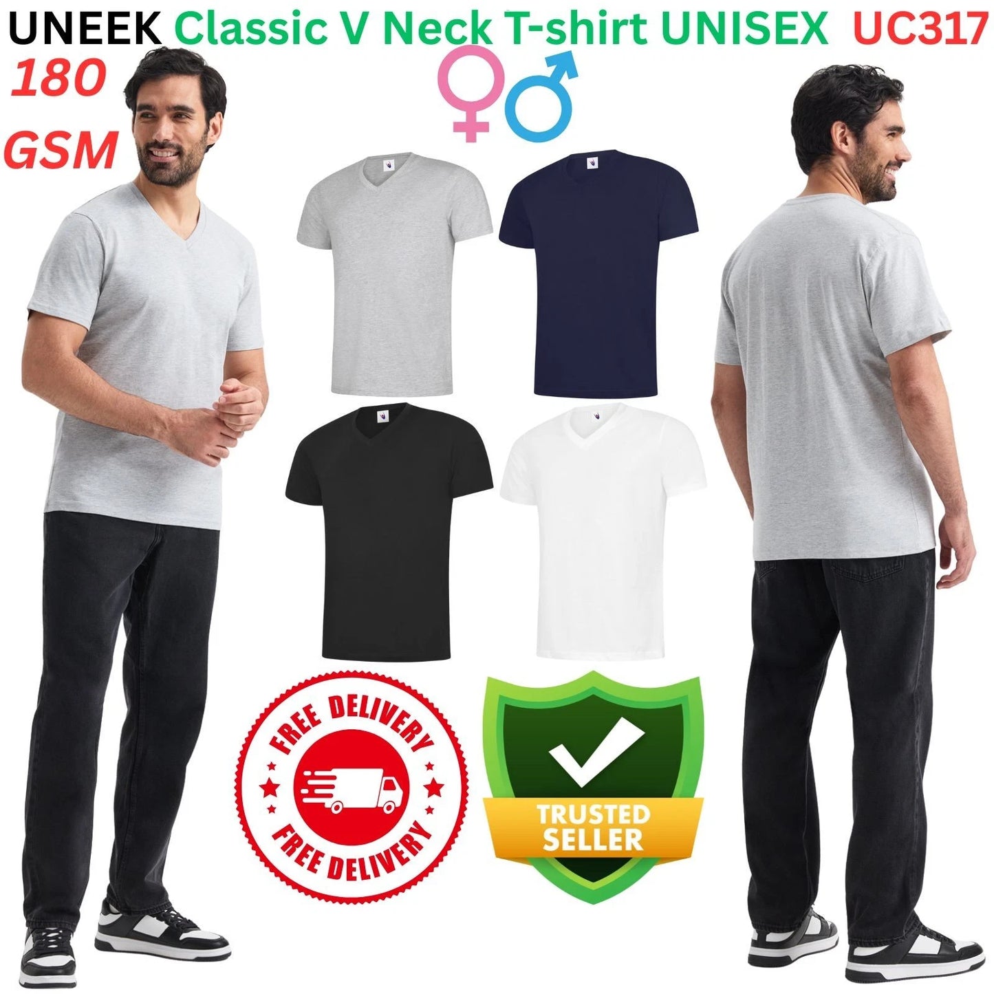 UNEEK UC317 Classic V-Neck T-Shirt | Unisex Mens Plain Cotton Short Sleeve
