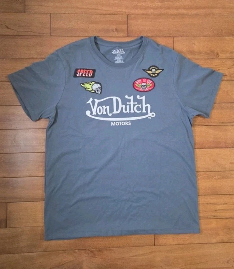 Von Dutch Men's Gray Logo Patch short Sleeve Crewneck T Shirt Size XL