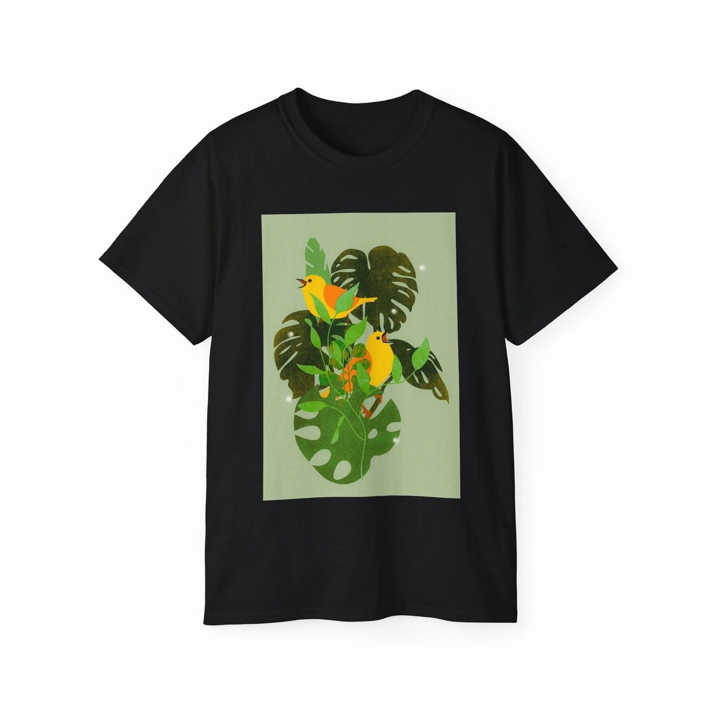 Monstera Leaves Birds Sheet Plants Botanical | Custom Graphic T-Shirt