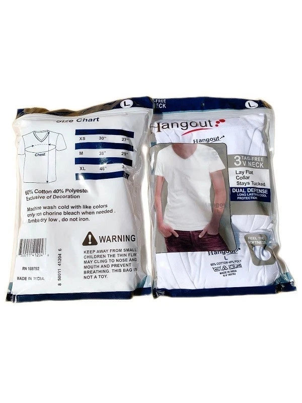 Men's V-neck T-Shirt, White 6 Pack "Cotton & Tagless & Lay Flat Collar" NEW