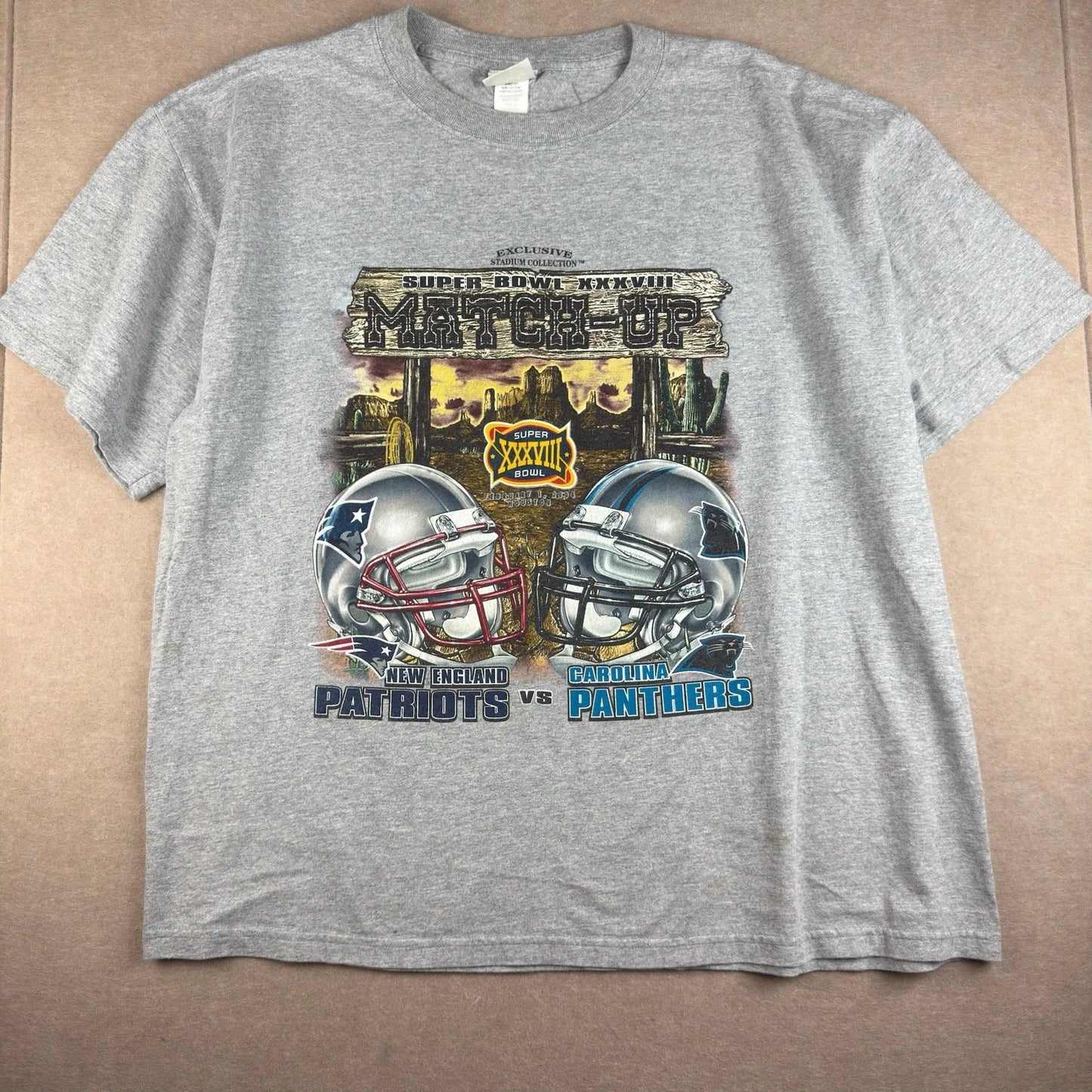 Y2K Lee Sport T-Shirt Men XL Gray Super Bowl XXXVIII 2004 Patriots Panthers