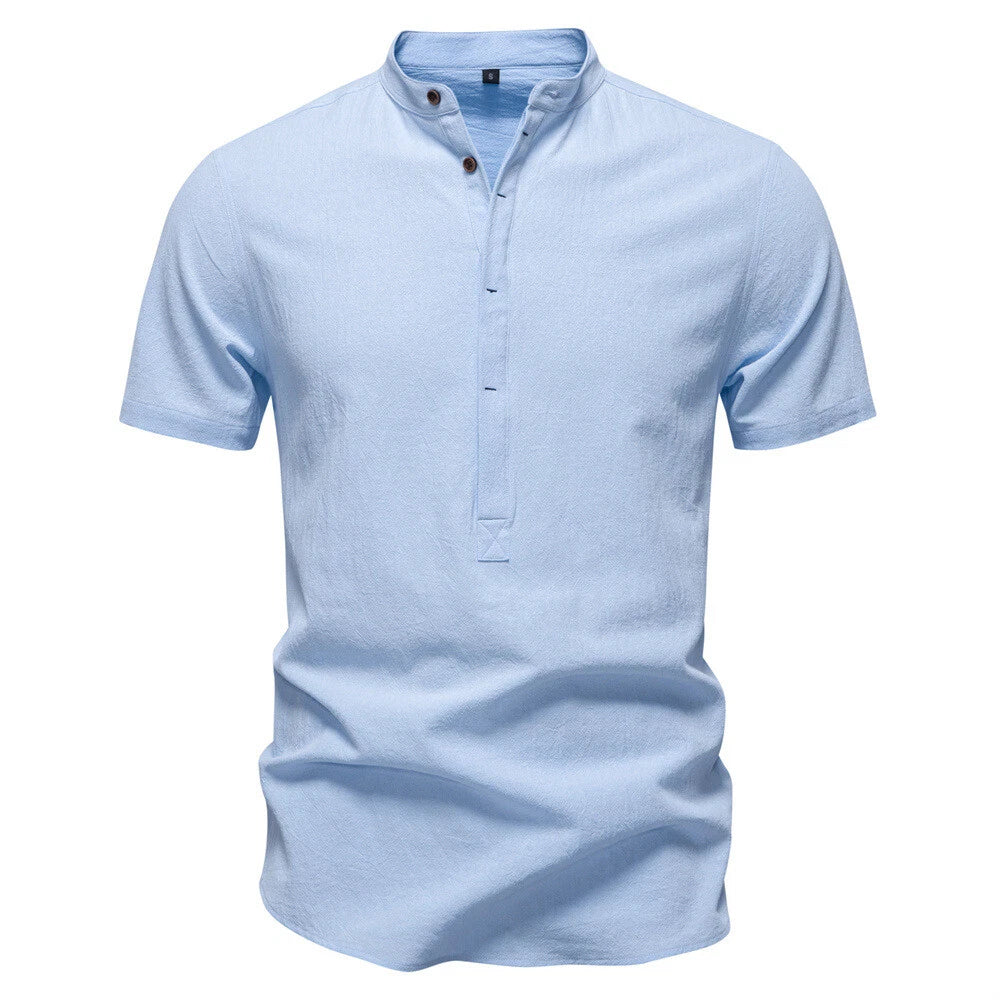 Mens Linen Short Sleeve Henley Shirt Casual Slim Shirts Button Tops Blouse