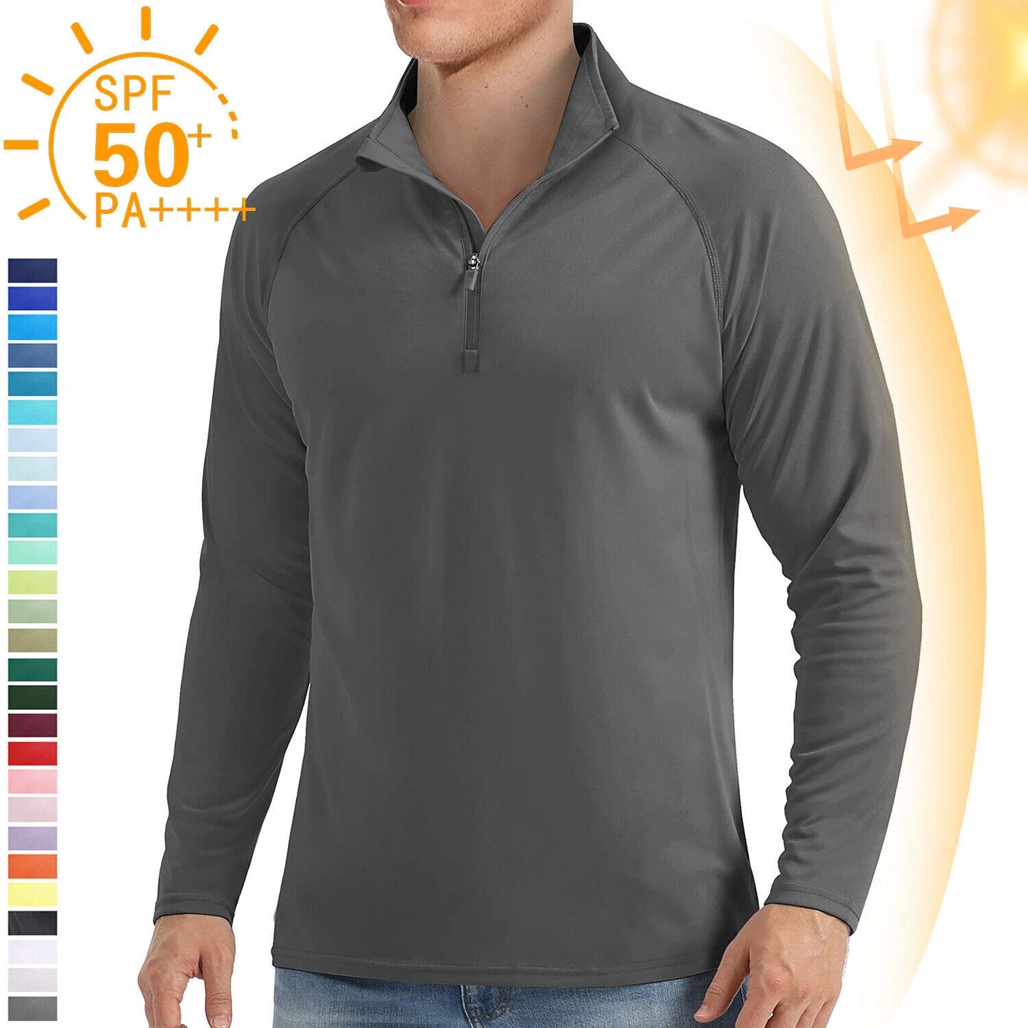 UPF50+ Mens 1/4 Zip UV Shirts Summer Skin Protection Performance Fishing T-Shirt