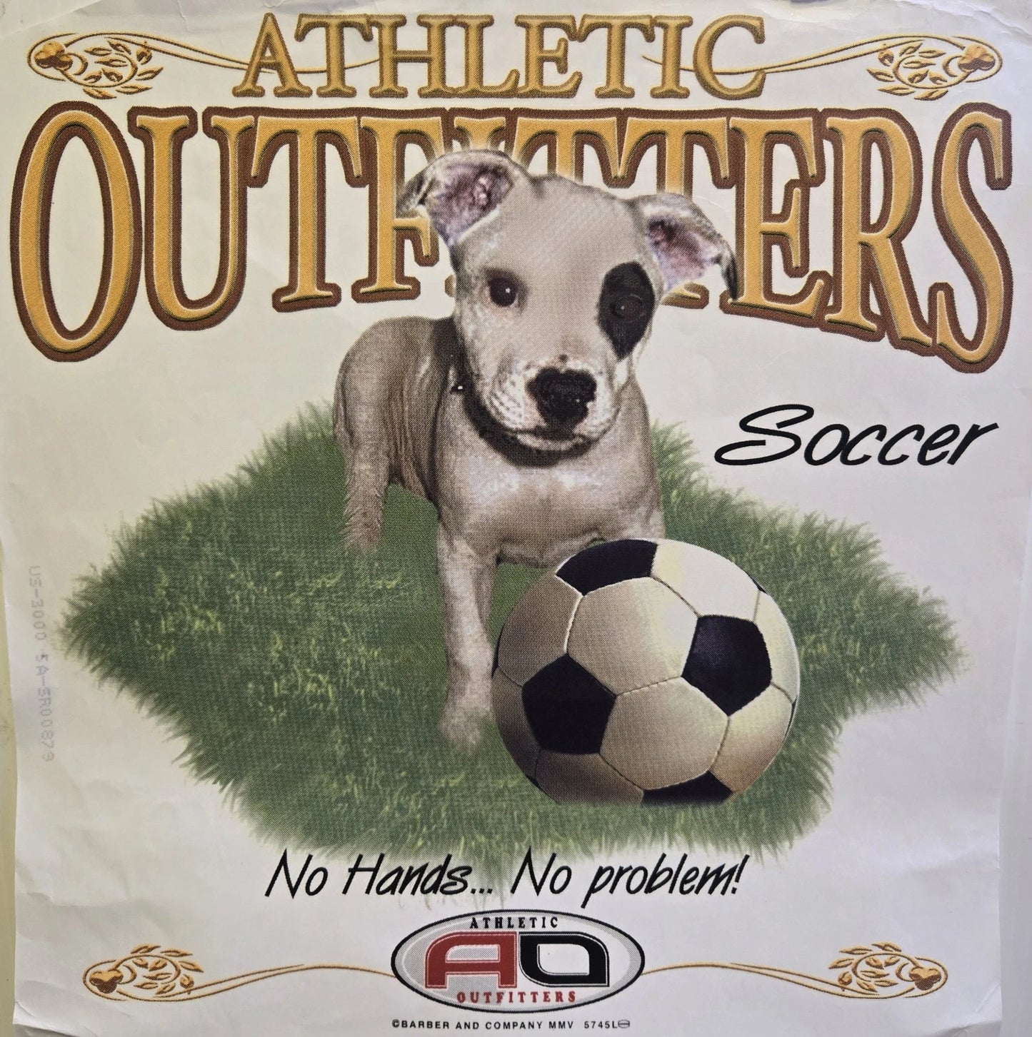 VTG. NO HANDS NO PROBLEM / DOG SOCCER WHITE SHIRT SIZE S-XL (FRONT PRINT)#273