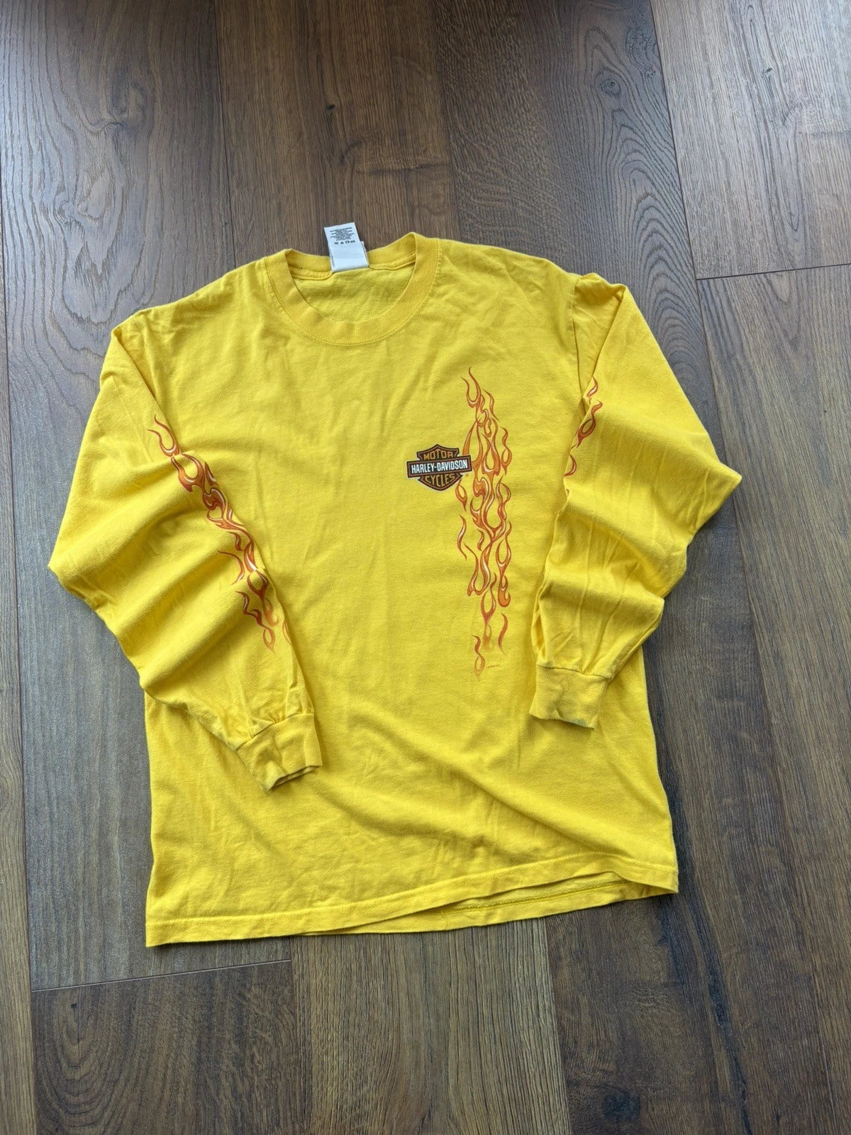 Harley-Davidson Long Sleeve Shirt Mens medium Yellow Y2K Tribal Flames Conway