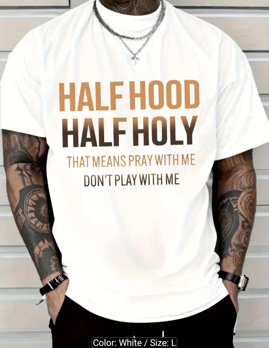 MEN/WOMEN WHITE LARGE HALF HOOD HALF HOLY T-SHIRT