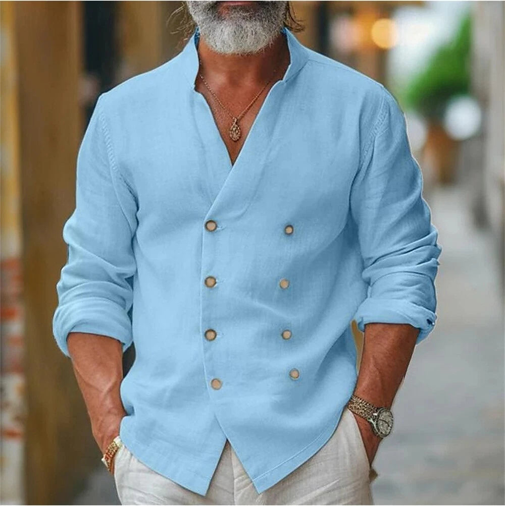 Men's Linen Shirt Casual Slim Shirts Long Sleeve Button Down Tops Blouse
