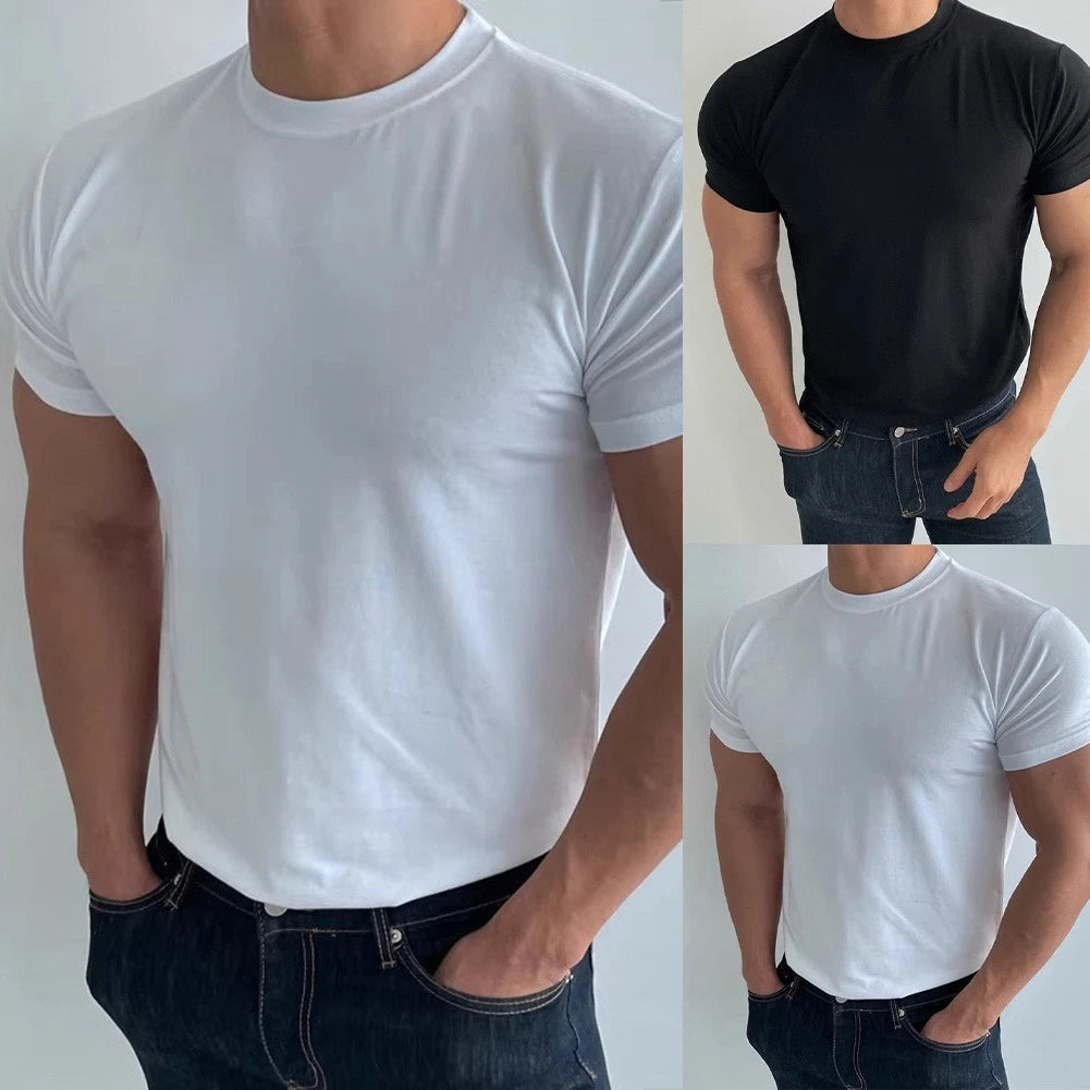 Men Slim T-Shirt Slim Fit Round Neck Fitness Top Polyester Spandex Blend