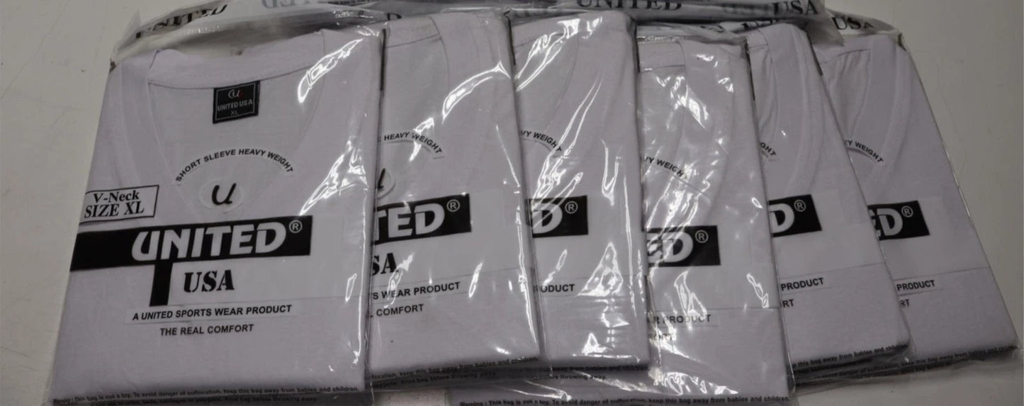6x Lot United Sports Wear XL V-Neck Short Sleeve White Cotton T-Shirt Light Weig