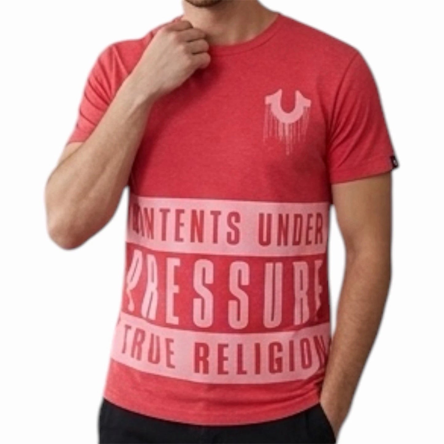 $68 TRUE RELIGION Red CONTENTS Short Sleeve Designer Graphic T-shirt NWT