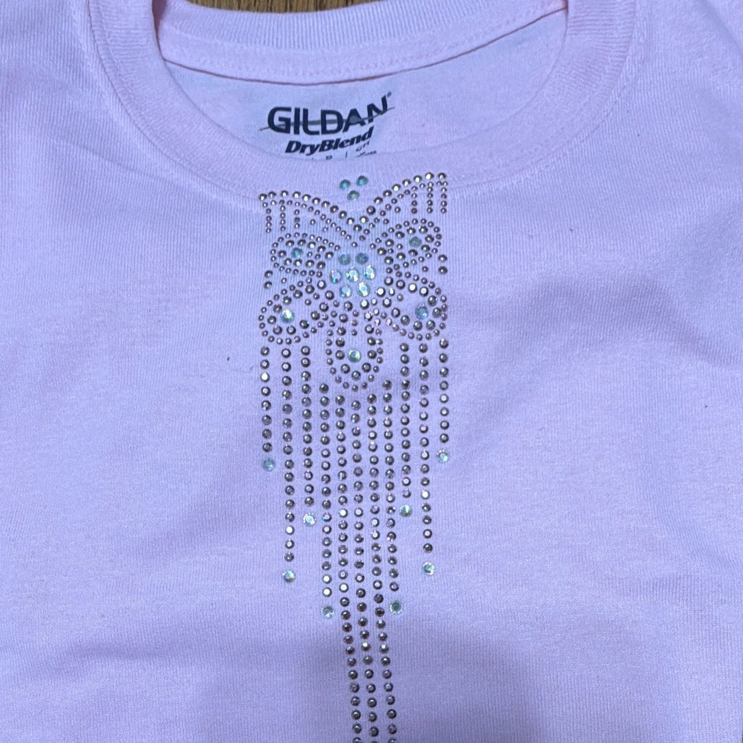 Gildan DryBlend Womens Pink Short Sleeve and pink studs/clear rhinestones