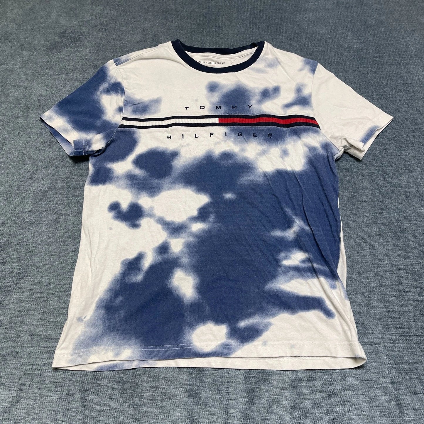 Tommy Hilfiger T Shirt Mens Medium White Blue Tie Dye Cotton Logo Everyday Wear