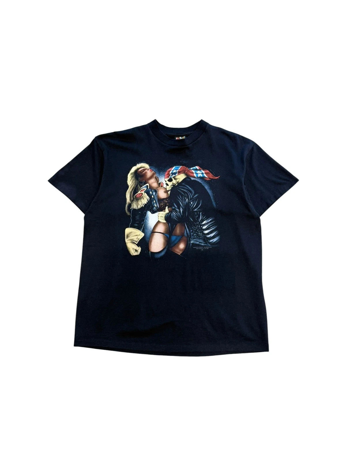 VTG 1992 3D Emblem Rebel Rider Skeleton & Biker Babe T Shirt Single Stitch XL