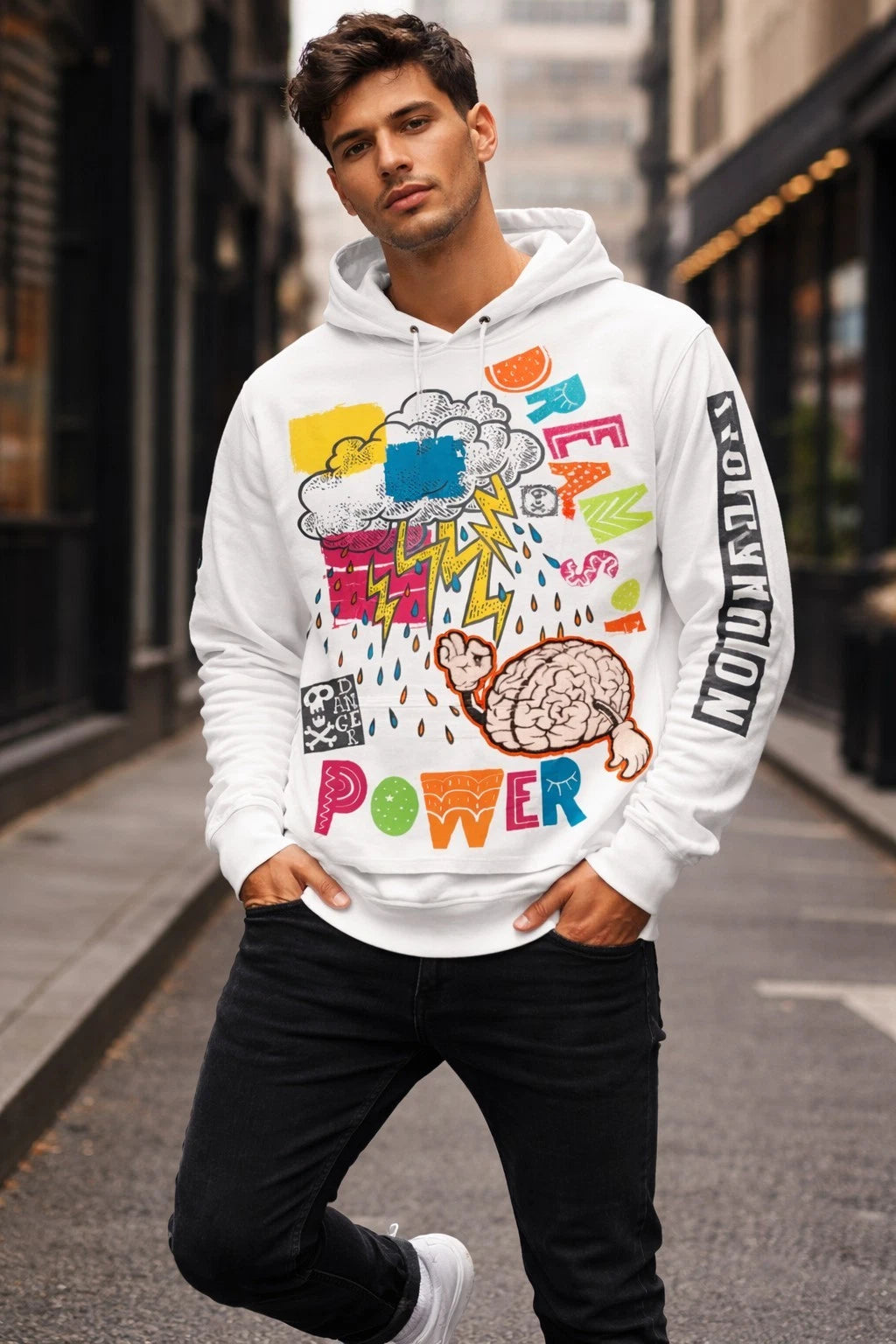 #1073 Create 2MRW White Hooded Long Sleeve Shirt Streetwear, Small