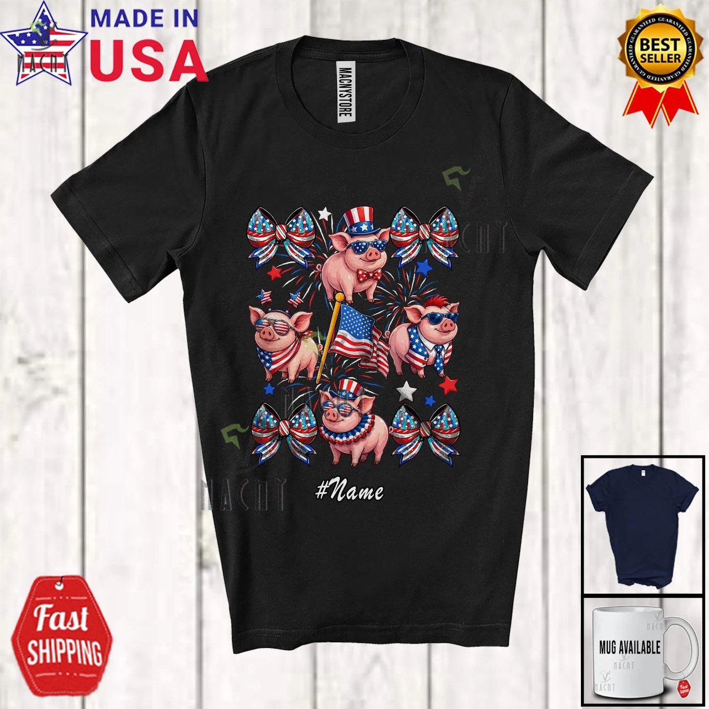 Custom Name Pig Collection; 4th Of July US Flag Farmer; Women Patriotic Shirt