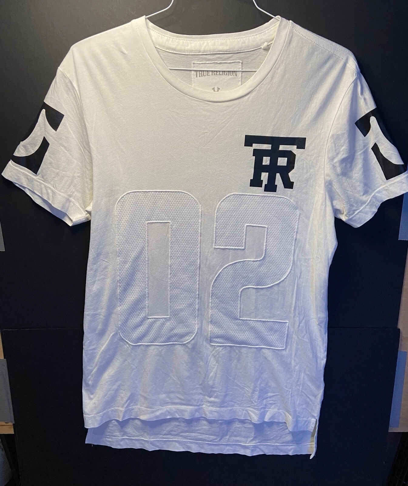 True Religion Mesh Foot Ball Tee Shirt Mens S White Buddha Los Angeles Jersey