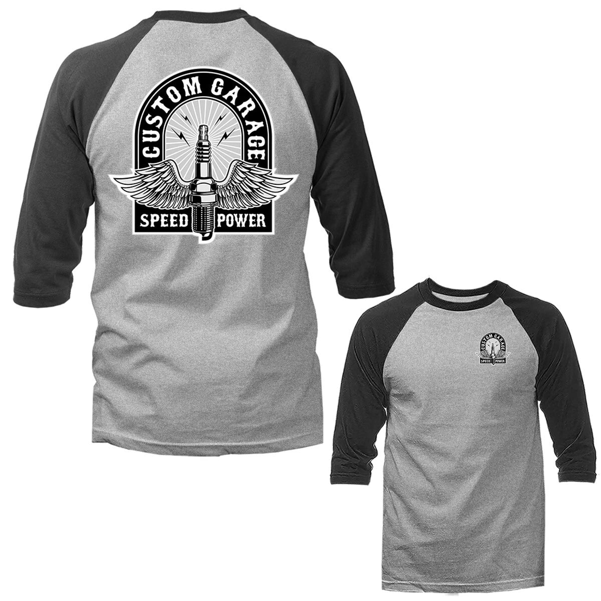 Custom Garage Bikers Vintage Classic Custom Motorcycle Graphic 3/4 Sleeve Raglan