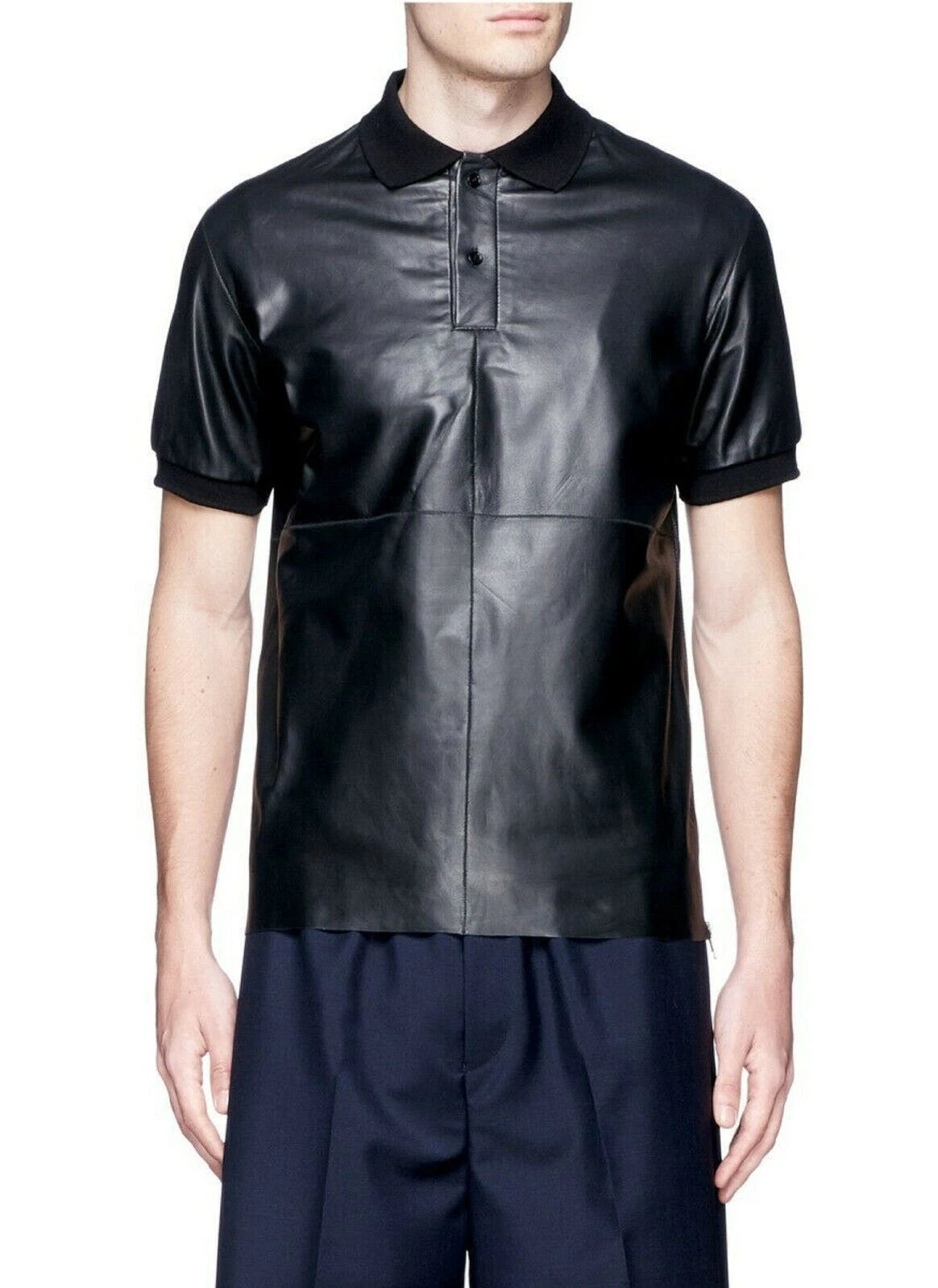 New Men's Short Sleeve Shirt 100% Real Lambskin Stylish Slim Fit CausalWearShirt