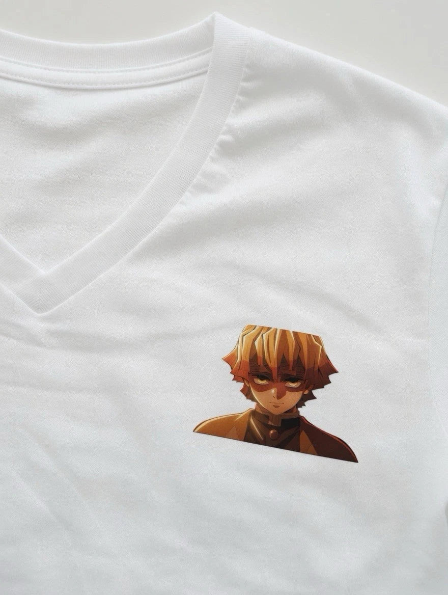 Zenitzu Subtle Anime Graphic Print V-Neck T-Shirt White Cotton Short Sleeve M