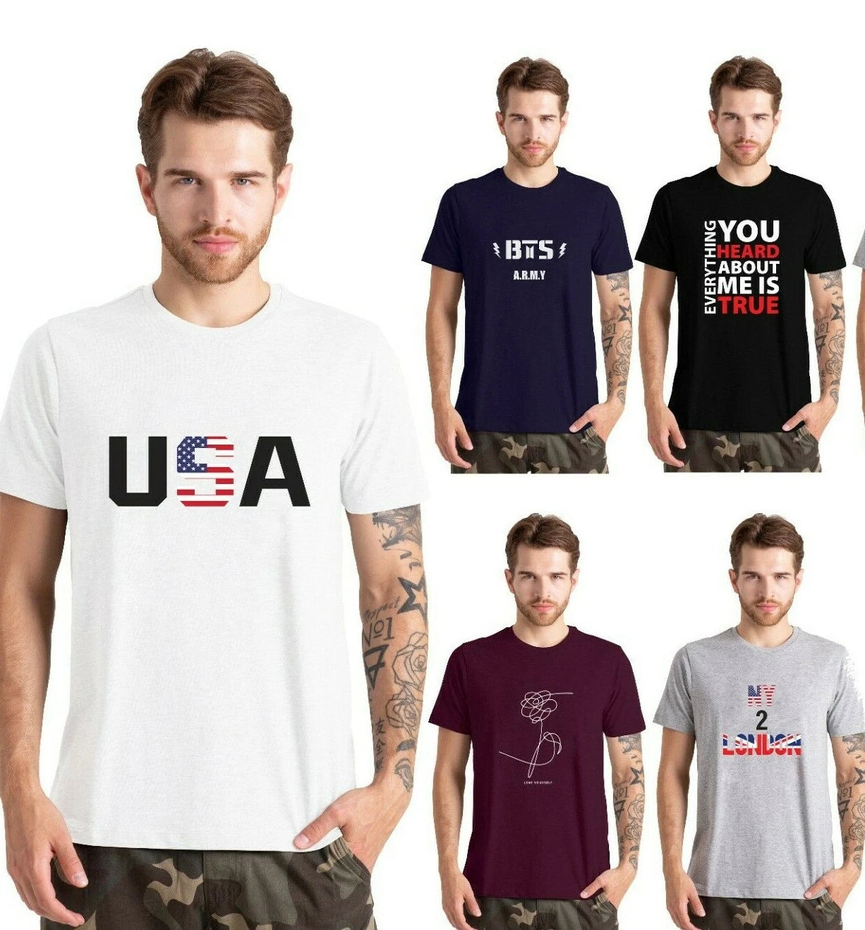 Mens Slim Fit Printed Crew Neck T-Shirt Short Sleeve Casual Top Tee Cotton S-XXL