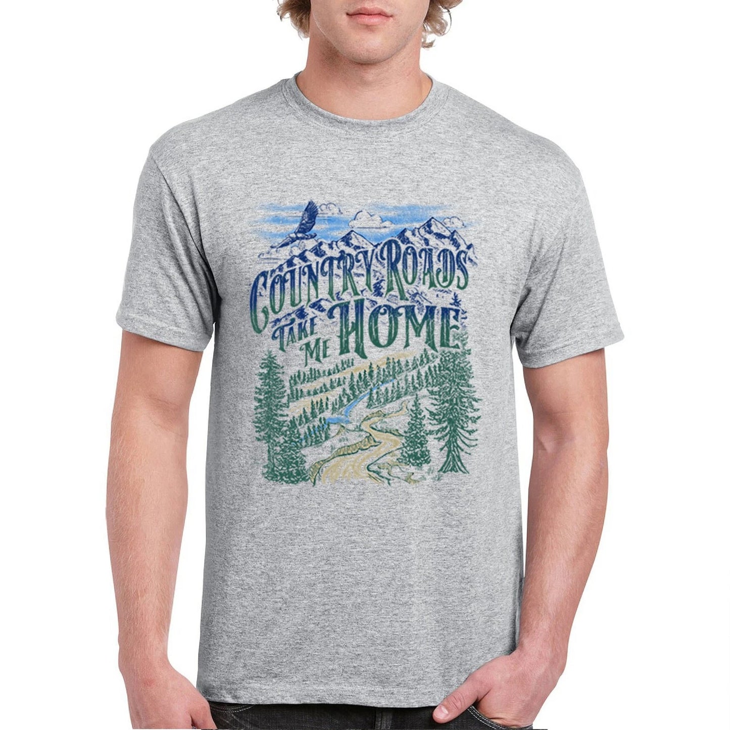 Country Roads Take Me Home T-shirt Mountains Road Trip Music USA Men's Tee