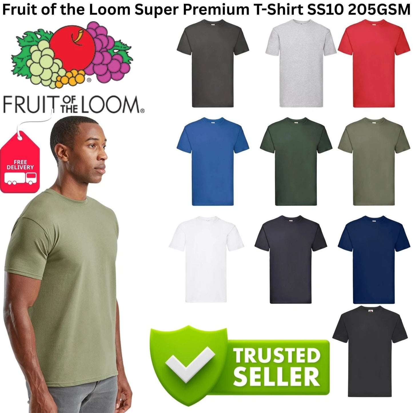 Fruit of the Loom Super Premium T-Shirt 205GSM Mens Heavyweight Cotton Plain Tee