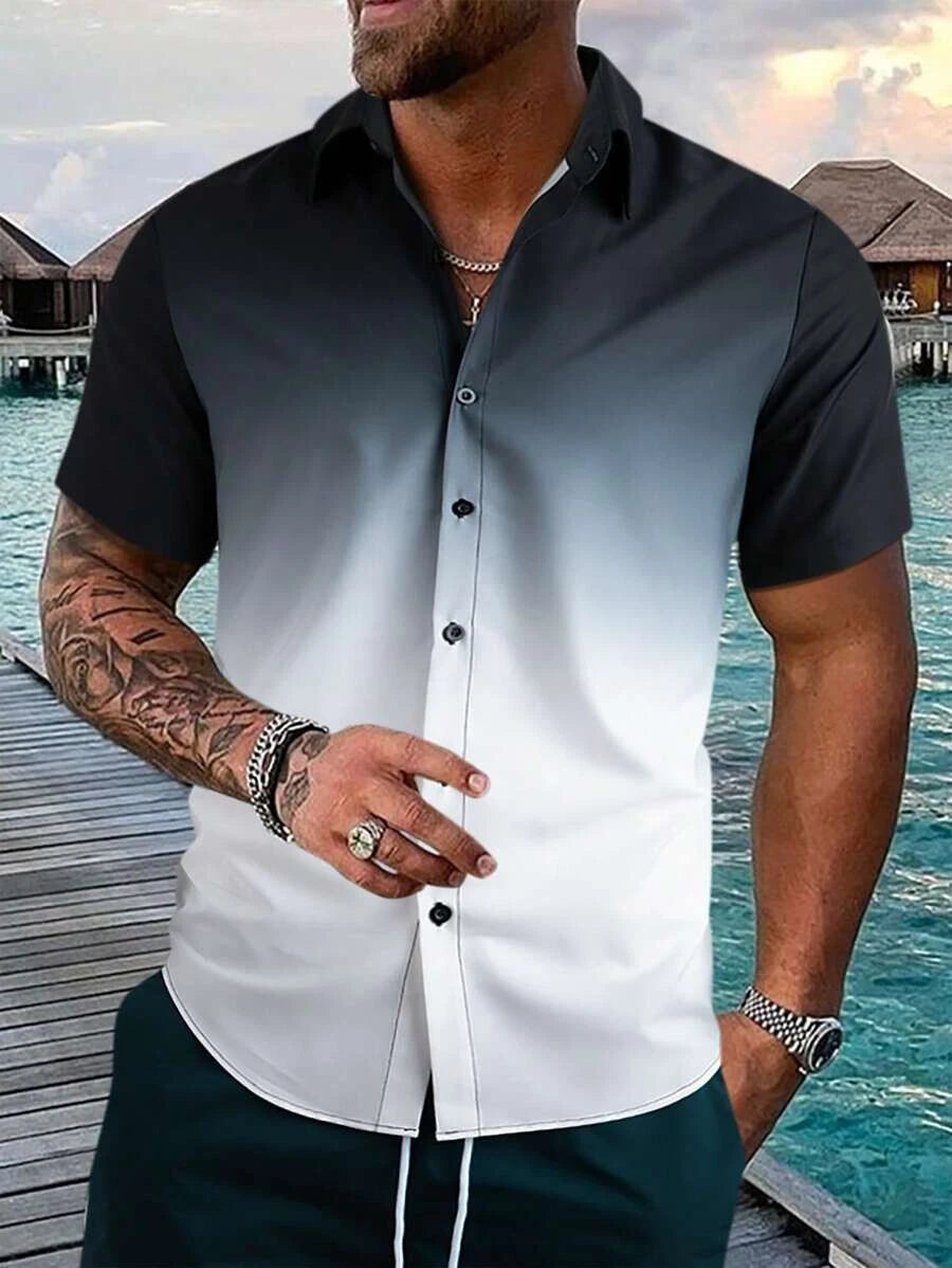 Men's Gradient Shirt Casual Slim Shirts Short Sleeve Button Down Tops Blouse
