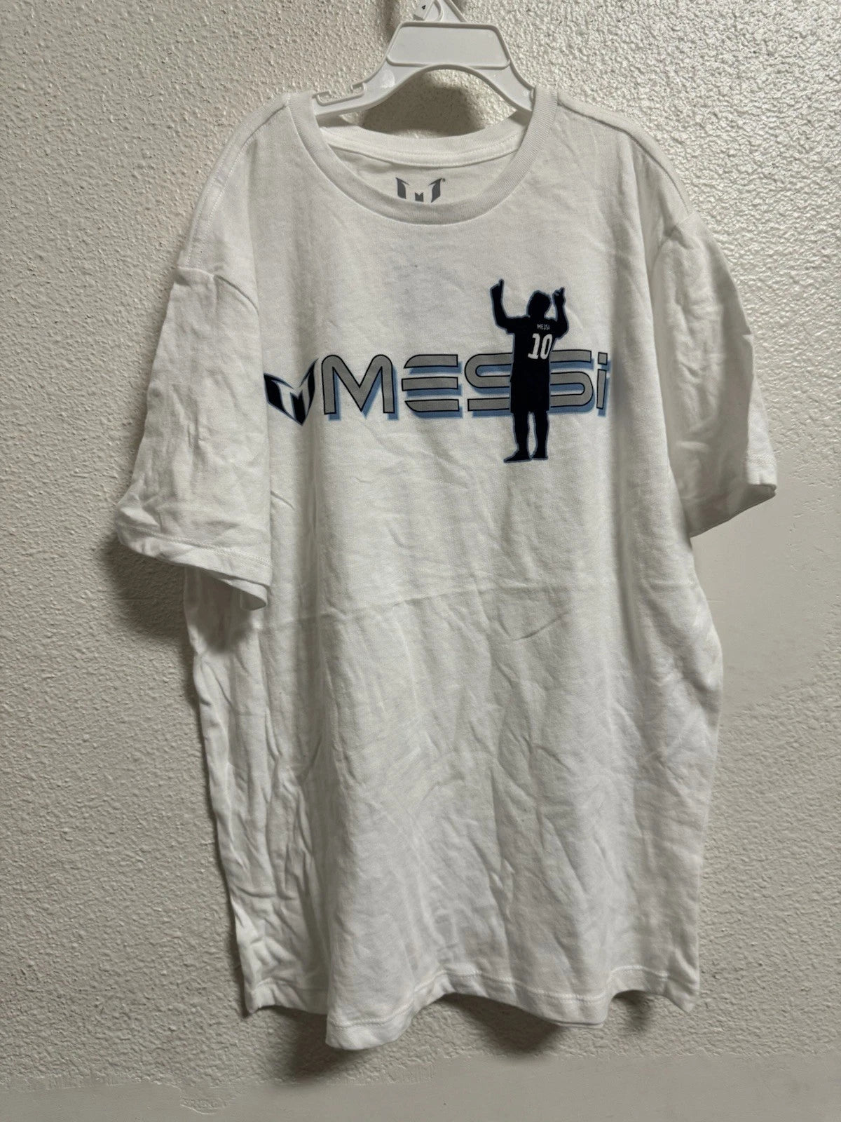 ๐ MESSI Graphic T-Shirt Boys XL White Short Sleeve Crew Neck Soccer Football