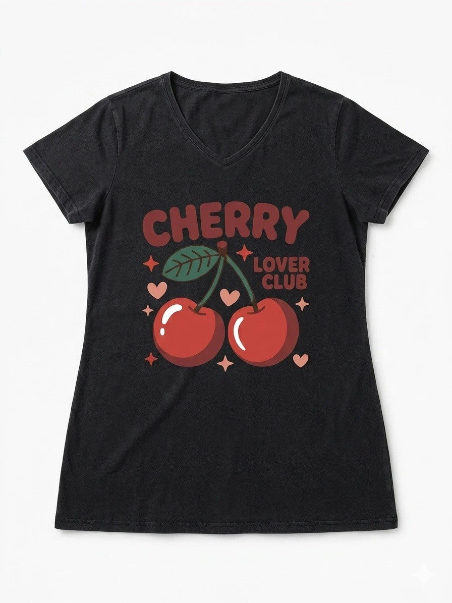Cherry Lover Club T Shirt 2XL Black Graphic Tee Retro V Neck Cute Coquette 2X