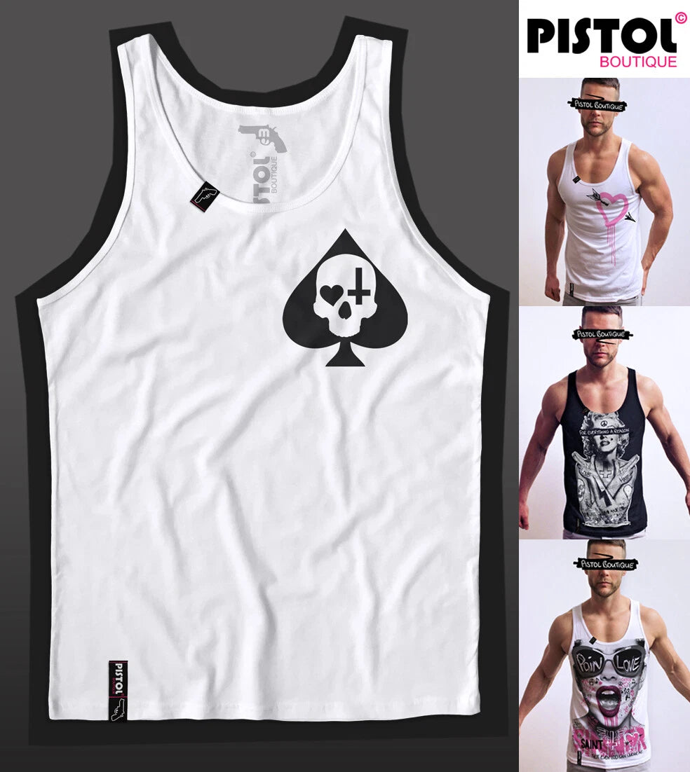 Pistol Boutique Men's White CHEST ACE SPADES SKULL CROSS HEART Vest Singlet Tank