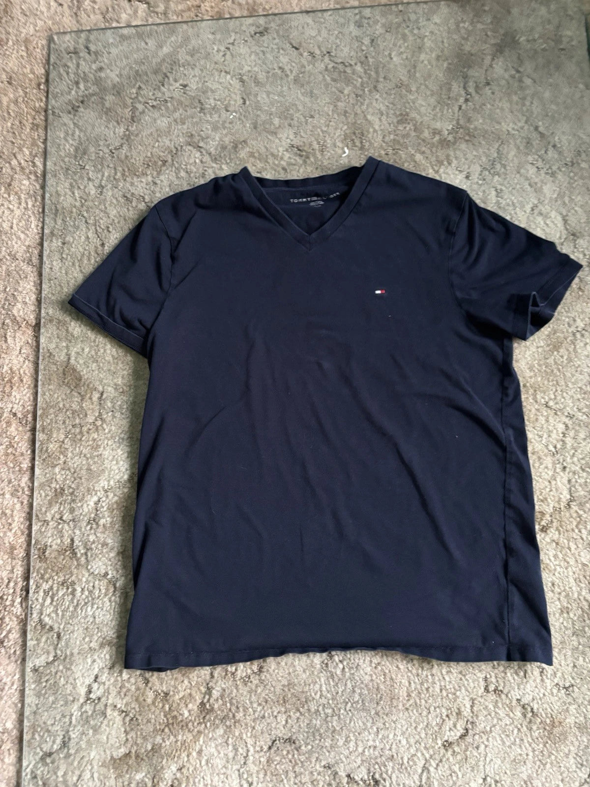 Tommy Hilfiger Mens V-Neck T-Shirt Small S Navy Blue Embroidered Flag Logo Tee