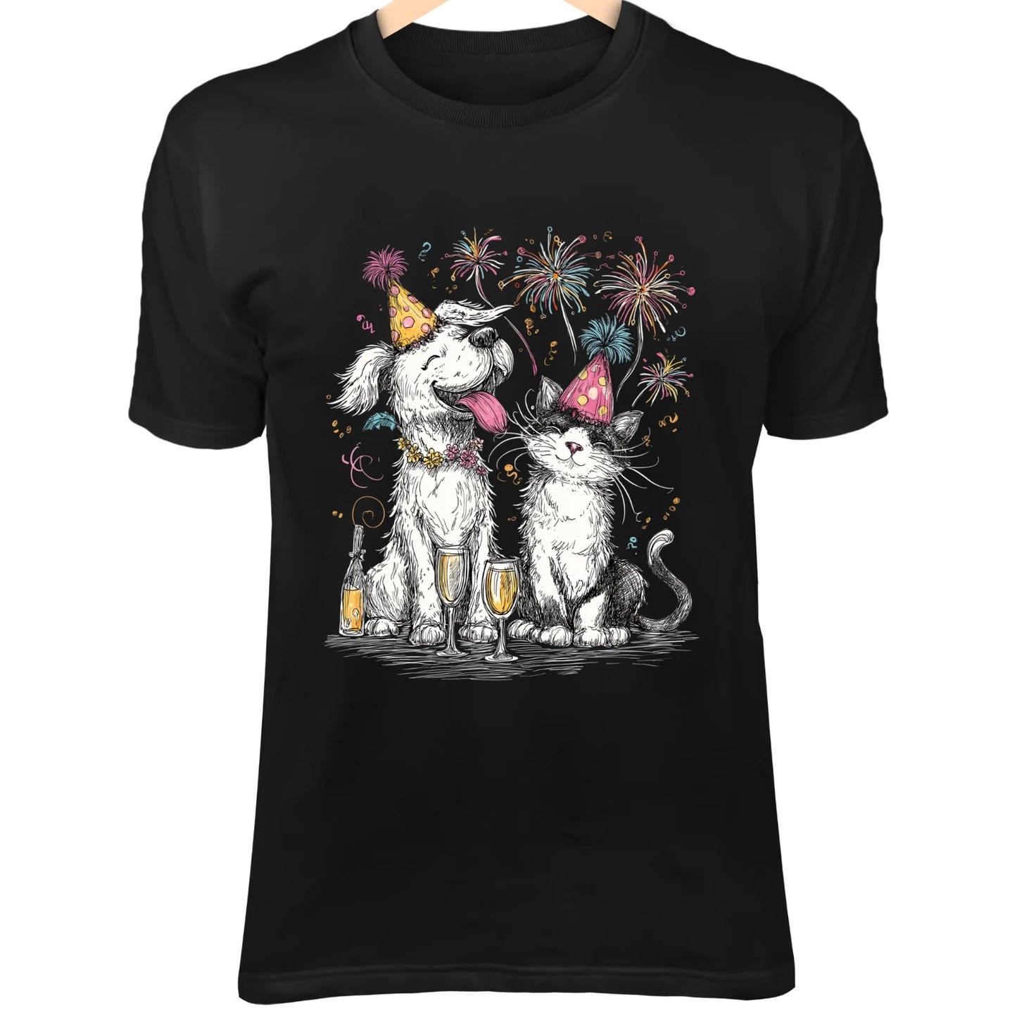 Holiday Dog & Cat Line Art - Cute Minimalist Cartoon with Party Hats, Fireworks