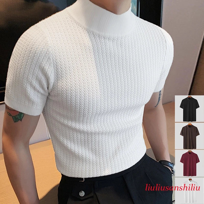 Summer New Casual Simple Knitted Leggings Men's High Neck Solid Color T-shirt