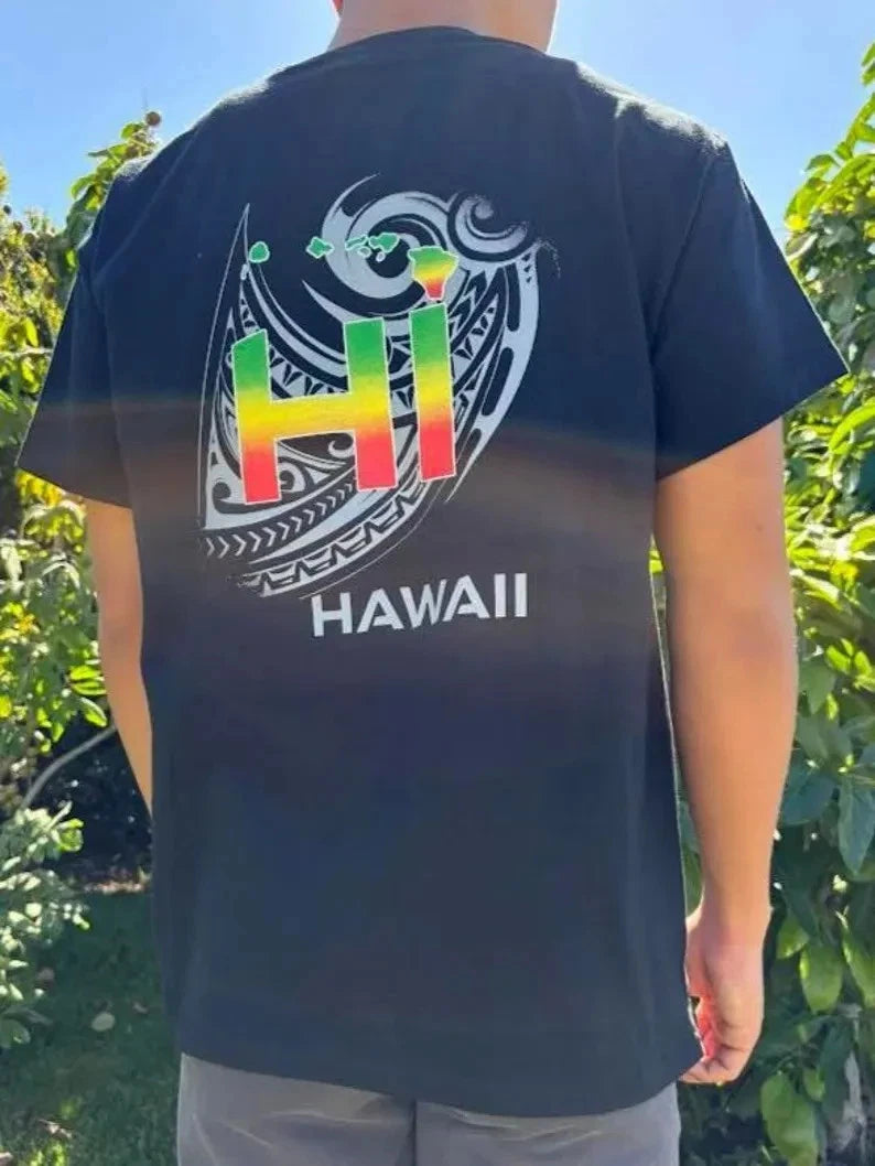 Hawaiian Rasta Tribal Design Premium Graphic Surfing Tee Men Cotton T-Shirt