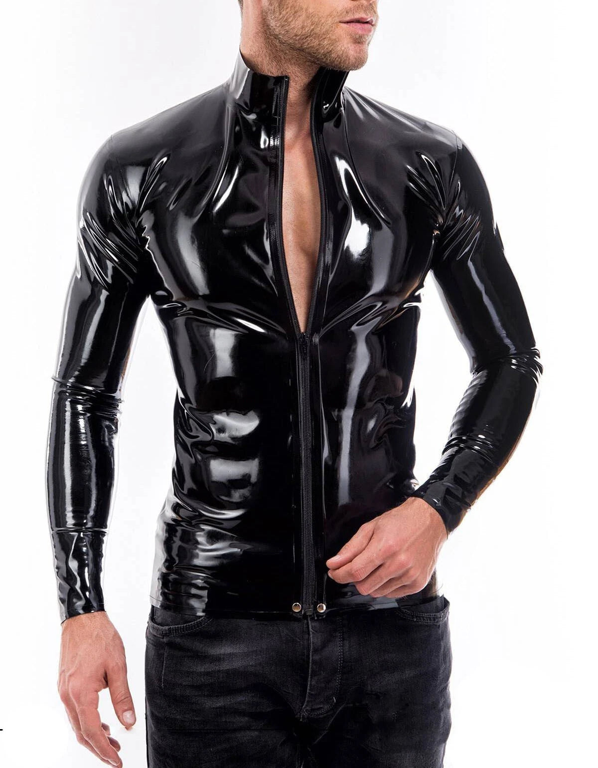 Latex tops men latex rubber T-shirts long sleeve front zip 0.4mm
