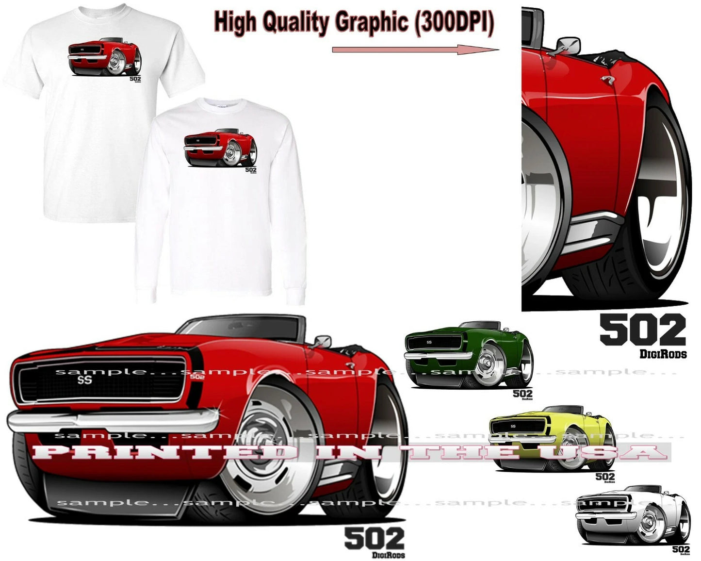 Chevrolet Chevy Camaro 1968 SS 502 Engine DigiRods Koolart Cartoon Car T Shirt