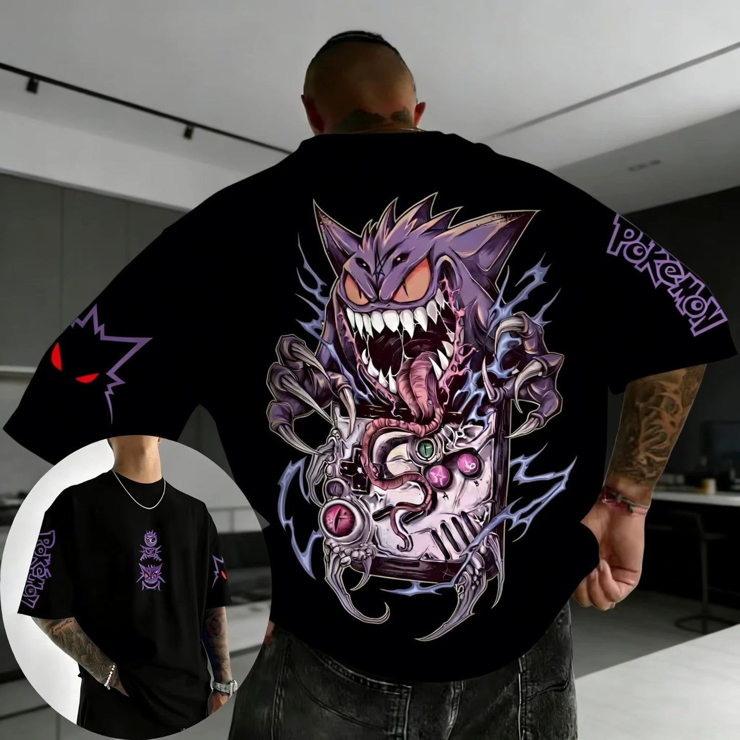 Gengar Anime T-Shirt Mens Oversized 100% Cotton Harajuku Y2K Half Sleeve