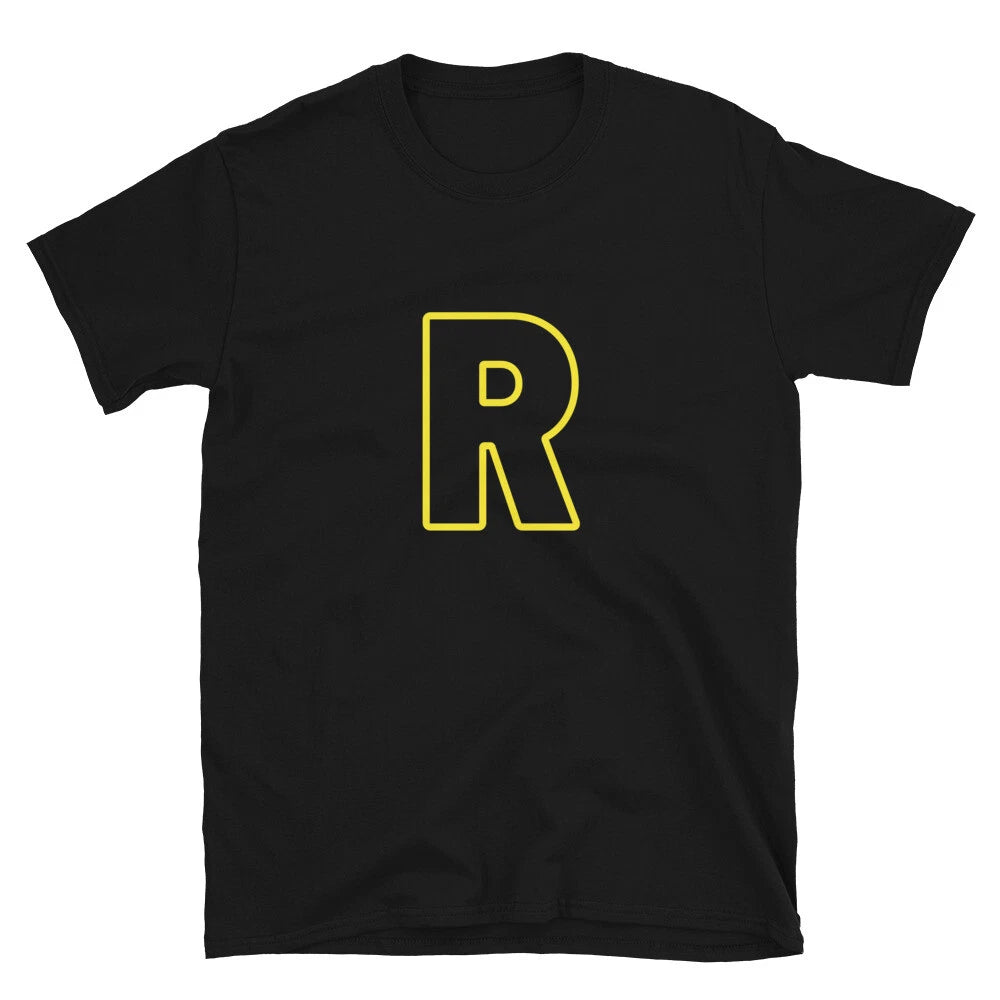 Letter R Yellow Bold Font Simple Black T-Shirt